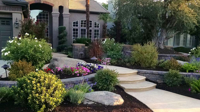 Landscaping Curb Appeal. A home with step leading to the front door has beautiful landscaping in the front yard.