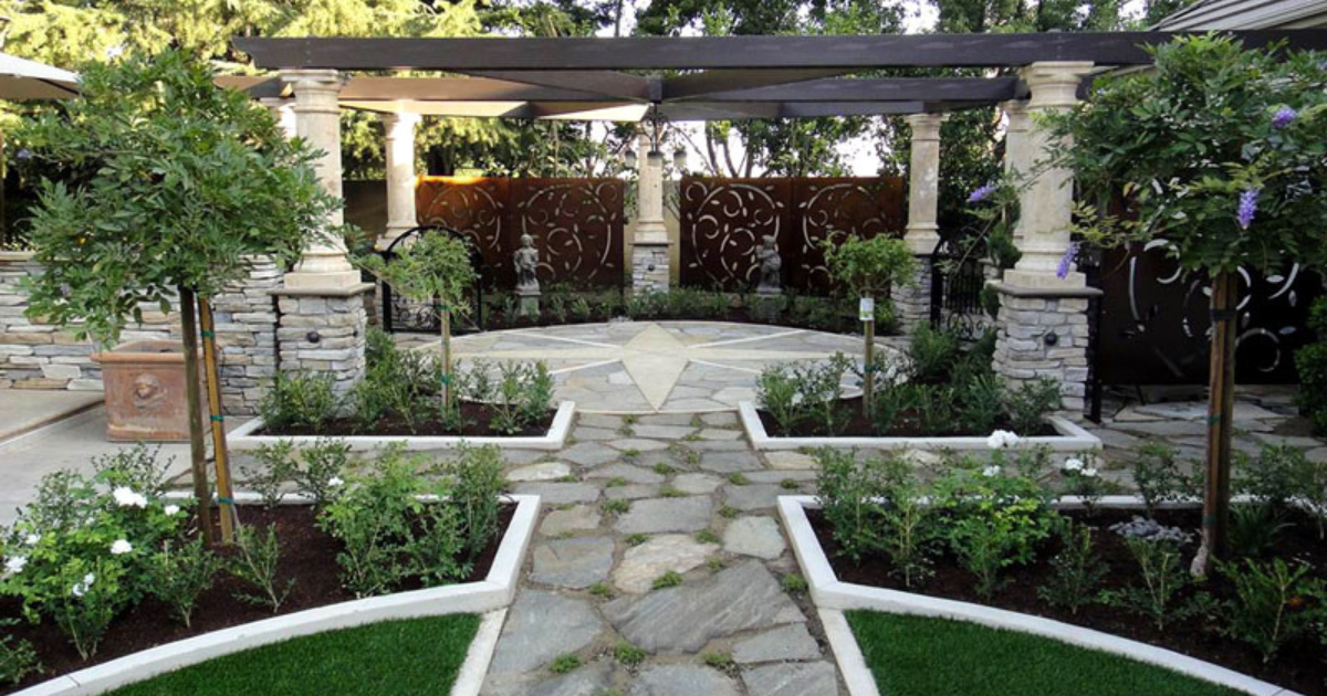 What is Hardscape Design? - walkway leading to compass design pergola and patio